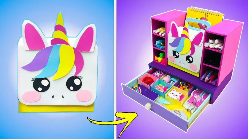 ایده خلاقانه برای ساخت کاردستی جامدادی رومیزی دخترانه کیوت و فانتزی با طرح یونیکورن که با استفاده از مقوا و کاغذ رنگی با کمترین هزینه در خانه ساخته میشود.