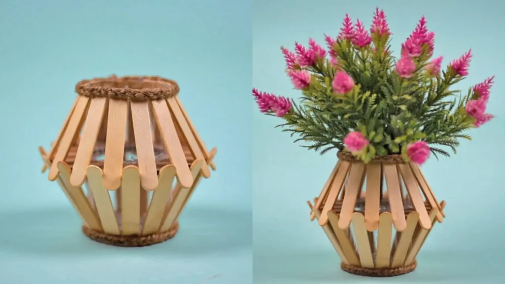 ایده خلاقانه ساخت گلدان دکوری با استفاده از تعداد کمی چوب بستنی ساده و چسب در خانه