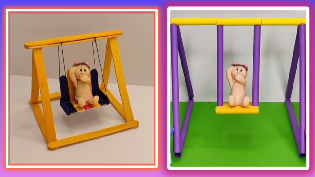 عکس کاردستی تاب ساده کودکانه با استفاده از چوب بستنی و کاغذ رنگی