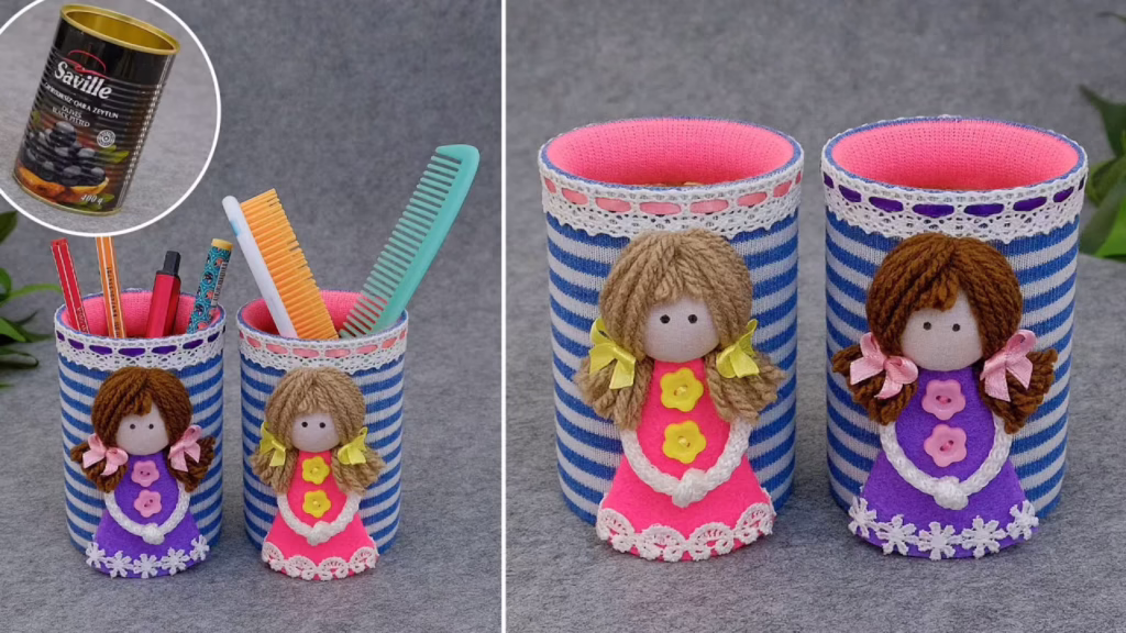 ایده جدید و خلاقانه برای ساخت کاردستی جامدادی رومیزی کیوت و فانتزی دخترانه با کمک وسایل دورریختنی (قوطی حلبی کنسرو) در خانه