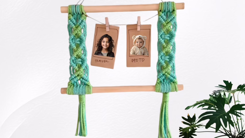 ایده خلاقانه و زیبا برای ساخت کاردستی قاب عکس دیواری کیوت به روش کاردستی با نخ مکرومه در خانه