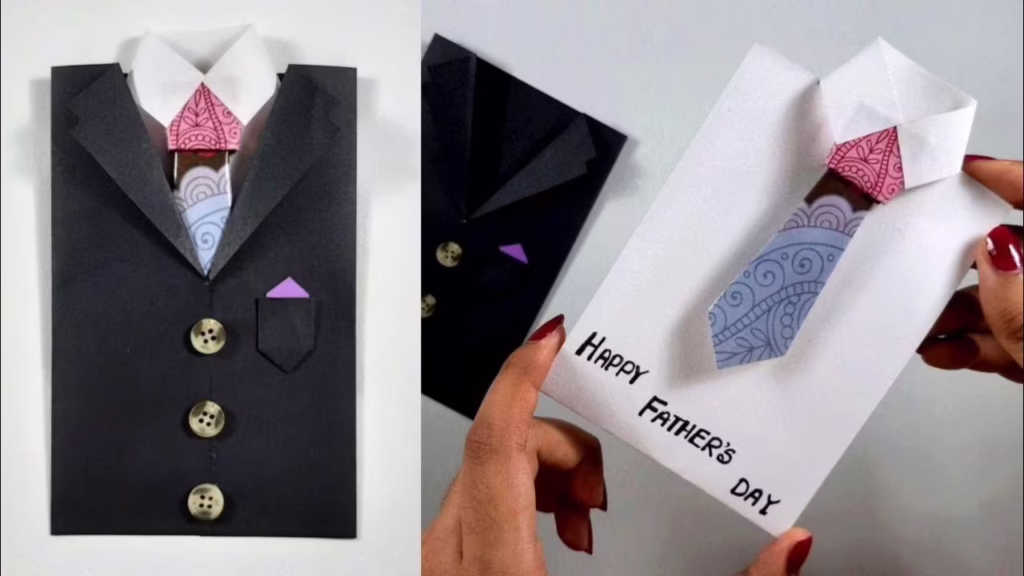ایده خلاقانه و جدید برای ساخت کاردستی کارت تبریک زیبا و کیوت به شکل پیراهن و کت مردانه به مناسب روز پدر در خانه