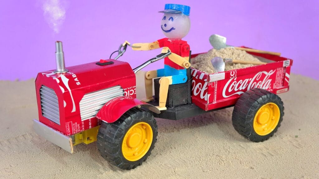 ایده خلاقانه ساخت کاردستی تراکتور کشاورزی با بازیافت قوطی نوشابه فلزی در خانه