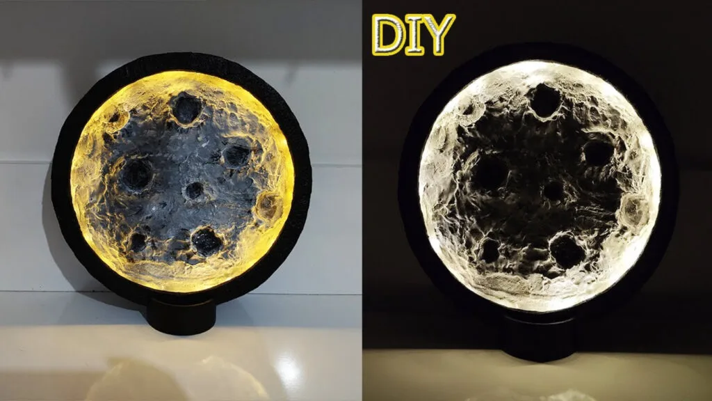 آموزش ویدیویی ساخت کاردستی چراغ خواب ماه نورانی با مقوا بازیافتی در خانه