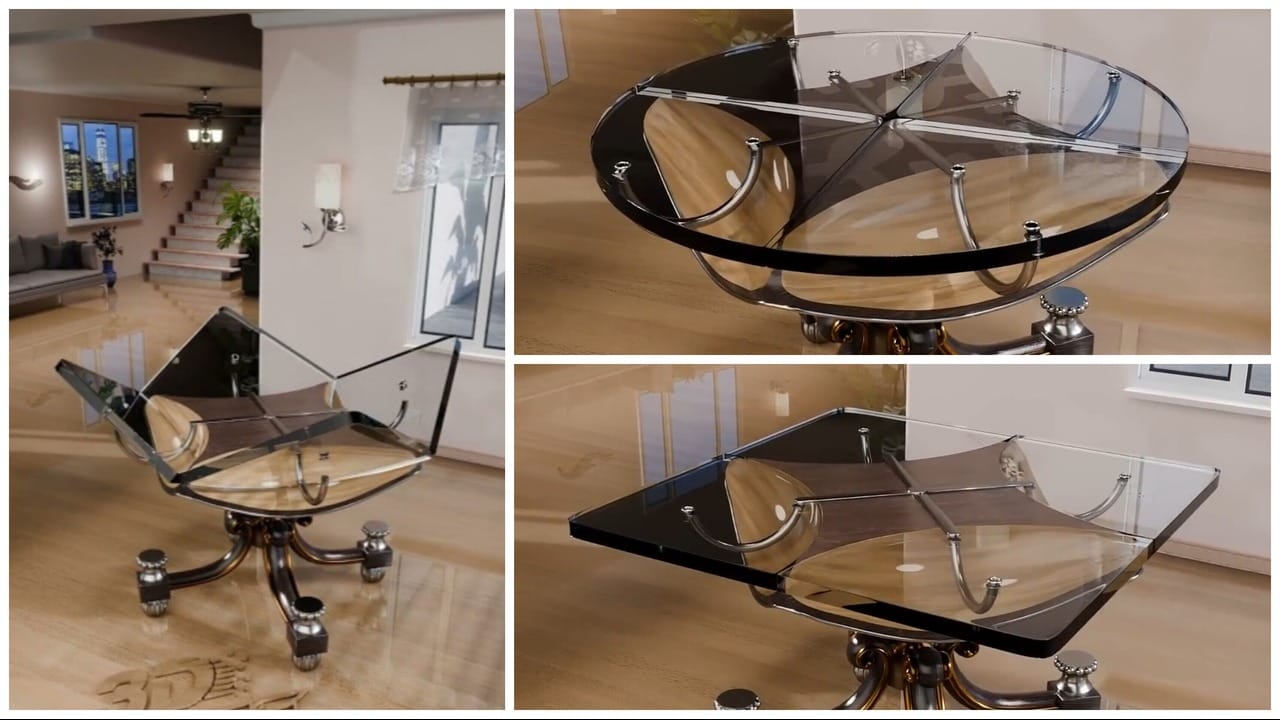 میز تبدیل‌شونده شیشه‌ای مدرن با مکانیزم چرخشی و طراحی ویژه برای خانه‌های هوشمند و دکوراسیون خلاقانه