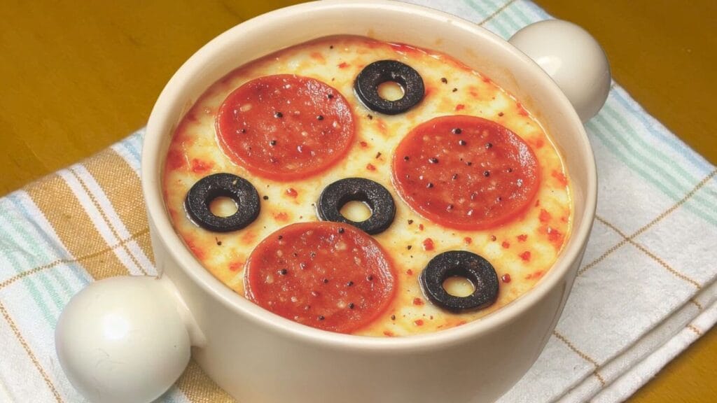 پیتزای لیوانی خانگی آماده سرو در لیوان سفید با پپرونی و زیتون