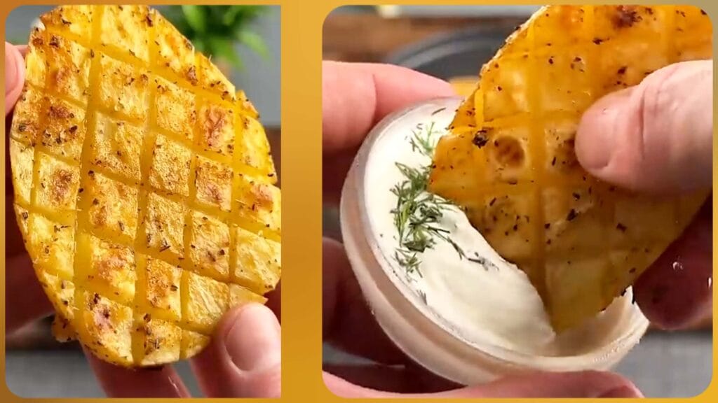 سیب زمینی تنوری برشته و طلایی با خطوط مربعی، سرو شده با سس سفید و سبزیجات، غذای آسان و خوشمزه خانگی