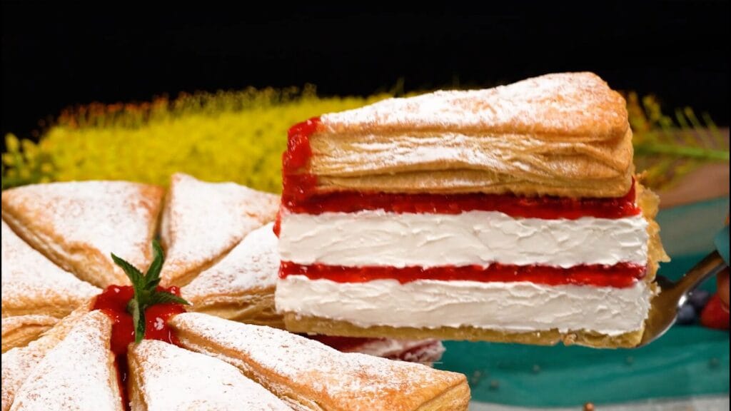 برش دسر لایه لایه خامهای و میوهای با خمیر ترد