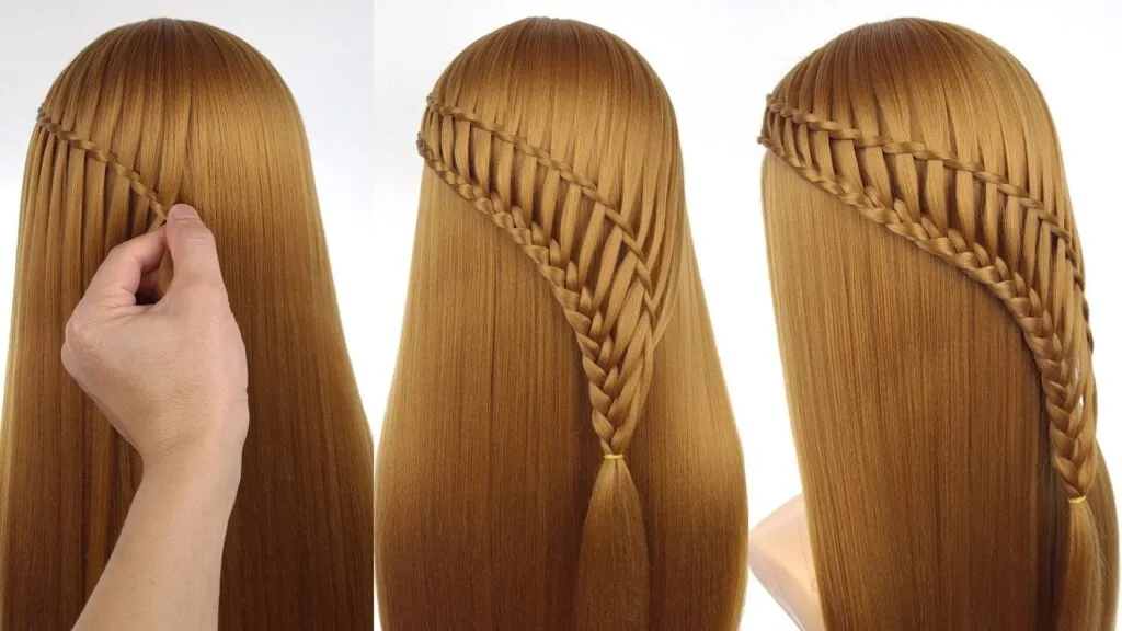 بافت موی آبشاری ساده و شیک کنار سر مخصوص عروسی و جشن با موی صاف و براق