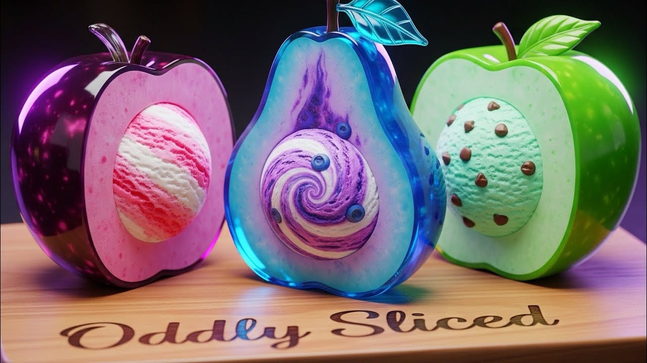 تصویری از لحظه برش یک میوه رنگی با چاقو، در نمای نزدیک و با فوکوس بر جزئیات؛ ویدیو کلیپ آرامش بخش