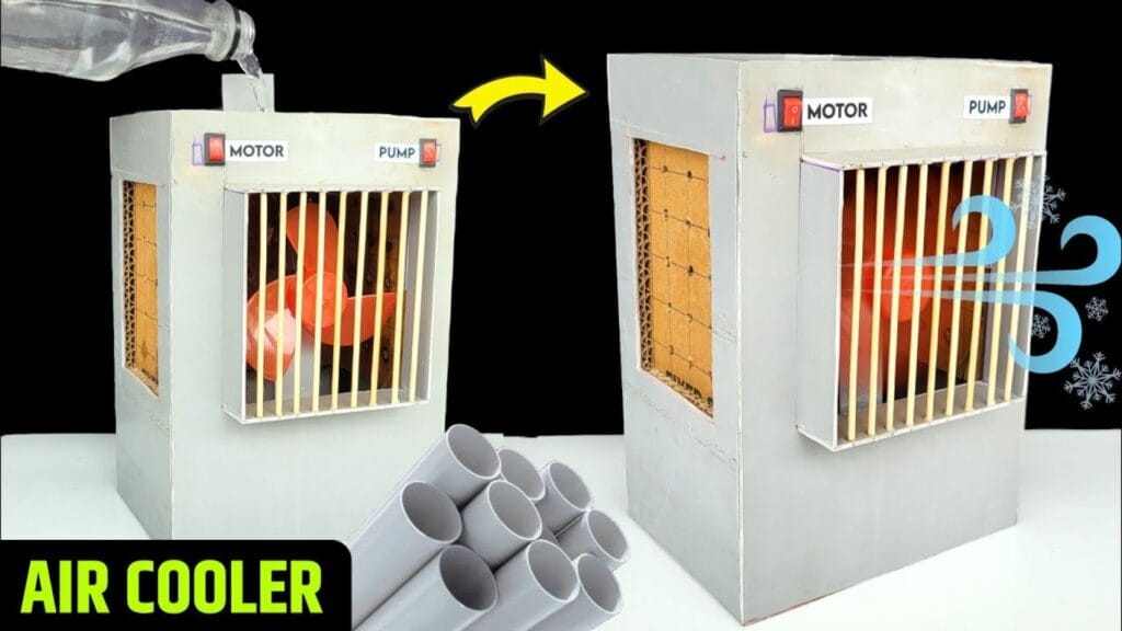 کولر آبی دستساز با لولههای PVC و فن کوچک برای خنککردن هوا