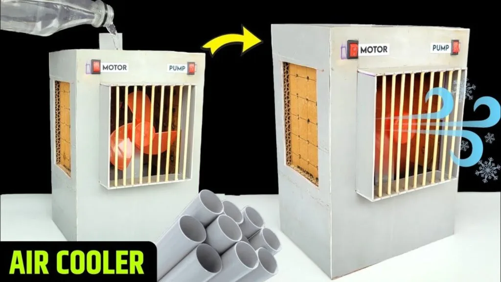 کولر آبی دست‌ساز با لوله‌های PVC و فن کوچک برای خنک‌کردن هوا