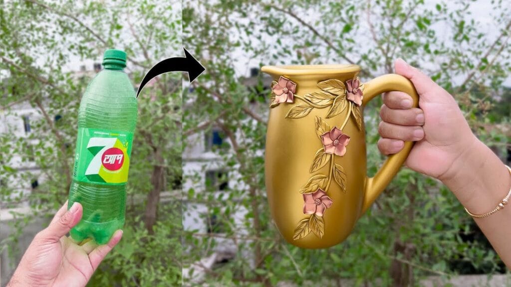 آموزش تصویری ساخت گلدان دکوری زیبا با بطری پلاستیکی بازیافتی و تزیین شاخه گل