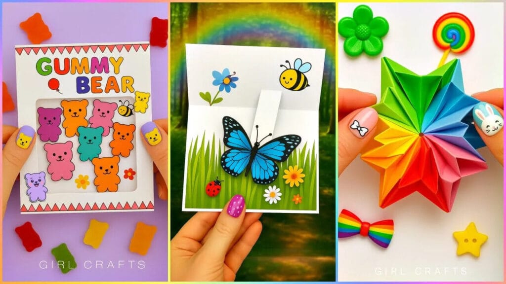 سه نمونه کاردستی با کاغذ رنگی: قاب gummy bear، کارت پستال پروانه و گل، و ستاره اریگامی رنگین کمانی، در کنار لوازم تزیینی.