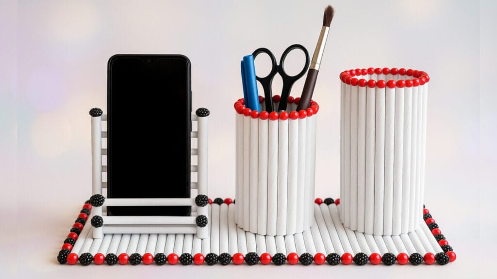 آموزش ساخت جامدادی با کاغذ؛ ست خلاقانه شامل جامدادی، استند موبایل و جاقلمی ساخته شده با لوله‌های کاغذی و مهره‌های تزیینی در رنگ سفید، قرمز و مشکی