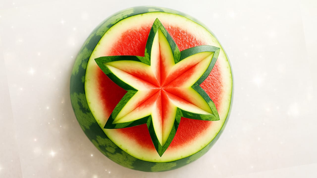 تزیین شگفت انگیز هندوانه؛ هندوانه تراش خورده به شکل ستاره سهبعدی، با برشهای دقیق و لایههای رنگی قرمز و سبز