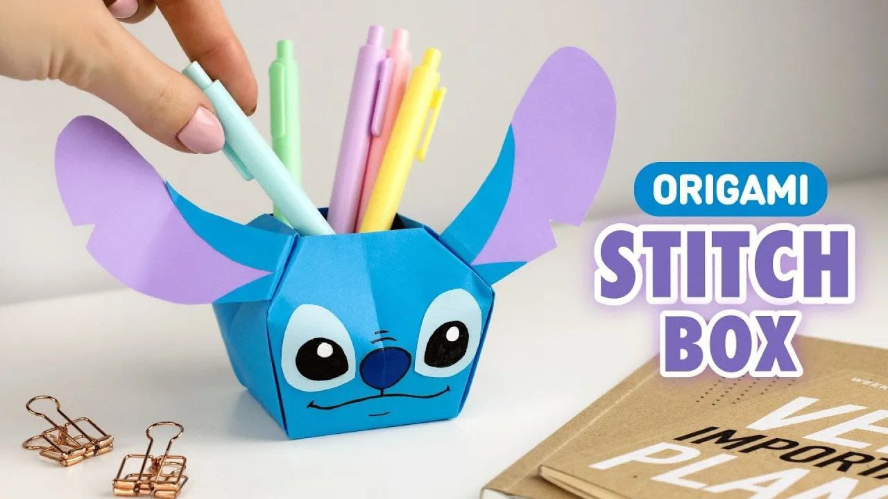 آموزش ساخت جامدادی اوریگامی با طرح فانتزی استیچ آبی مناسب لوازم تحریر