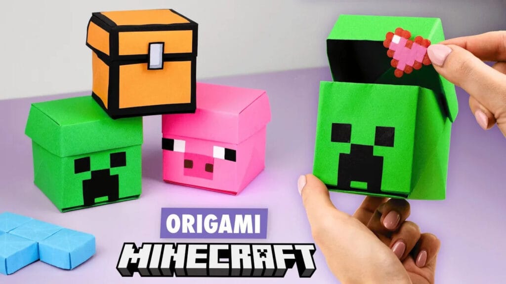 آموزش ساخت اوریگامی جعبه طرح ماینکرفت با کاغذ رنگی | کاردستی Creeper، Pig و Chest