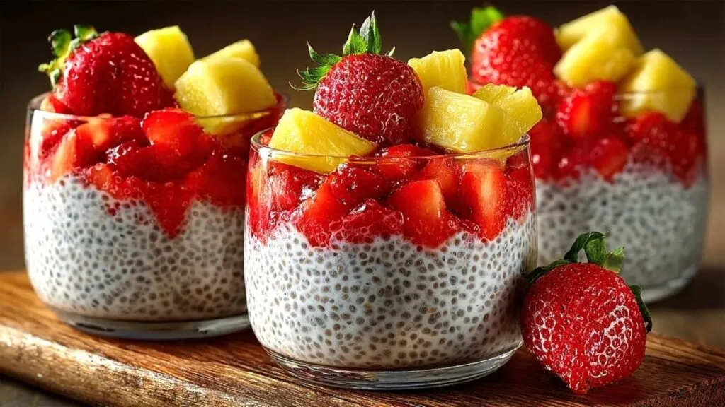 دسر میوه تابستانی در لیوان شیشهای شفاف با لایهای از پودینگ چیا، توت فرنگی تازه و آناناس