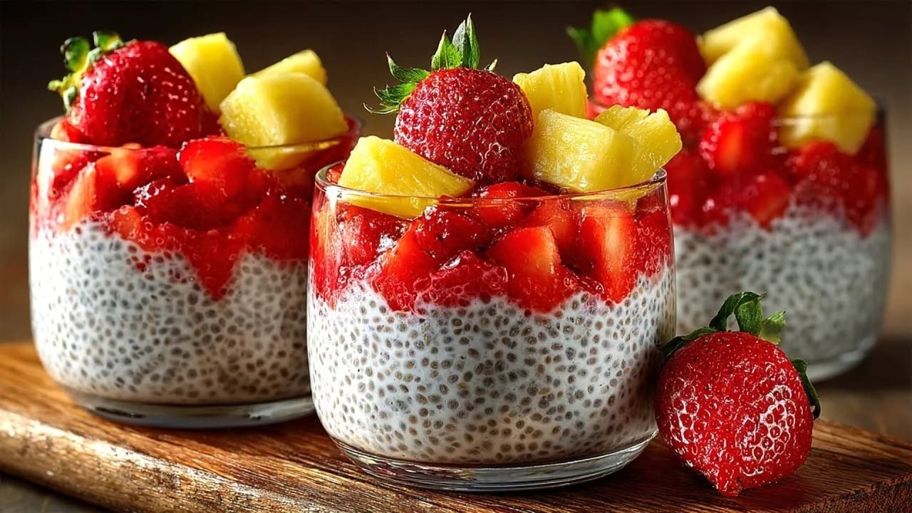 دسر میوه تابستانی در لیوان شیشهای شفاف با لایهای از پودینگ چیا، توت فرنگی تازه و آناناس
