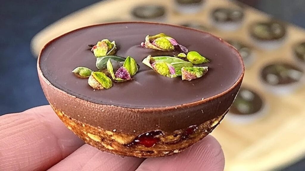 آموزش دسر شکلاتی خوشمزه؛ بمب شکلاتی یخچالی با روکش صیقلی شکلات و تکههای پسته روی سطح، مناسب پذیرایی یا هدیه