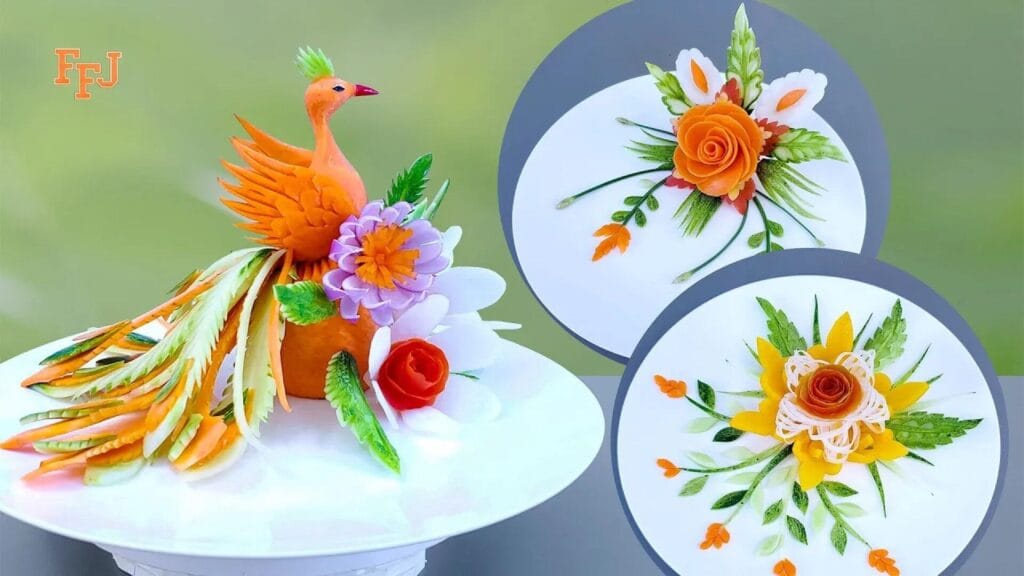 آموزش سفره آرایی ویدیویی با مدل طاووس و گلهای رنگی از سبزیجات و میوه