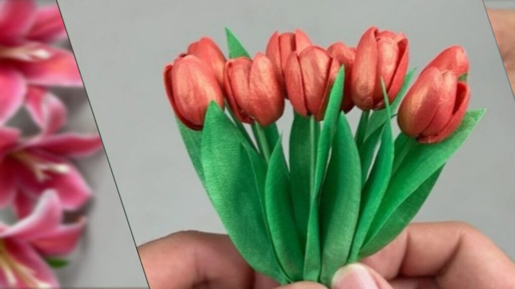 آموزش تصویری مرحله به مرحله ساخت کاردستی گل لاله زیبا با پوست پسته و سیخ چوبی در خانه