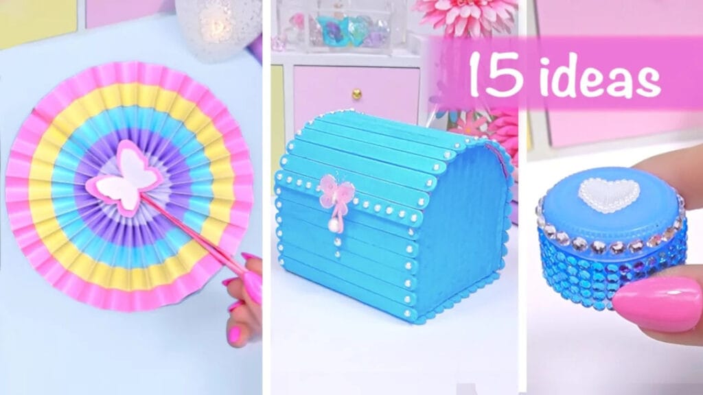 کاردستیهای کیوت و رنگارنگ با کاغذ رنگی شامل پروانه، جعبه آبی و جعبه گرد تزیینی