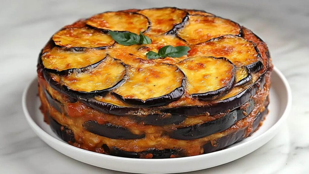 طرز تهیه گراتن بادمجان بدون گوشت به صورت قالبی و چند لایه که روی آن با پنیر طلایی و برگ ریحان تزیین شده است.