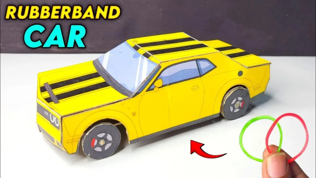 آموزش ساخت ماشین اسباب بازی کوکی زرد رنگ با کش پول و مقوا