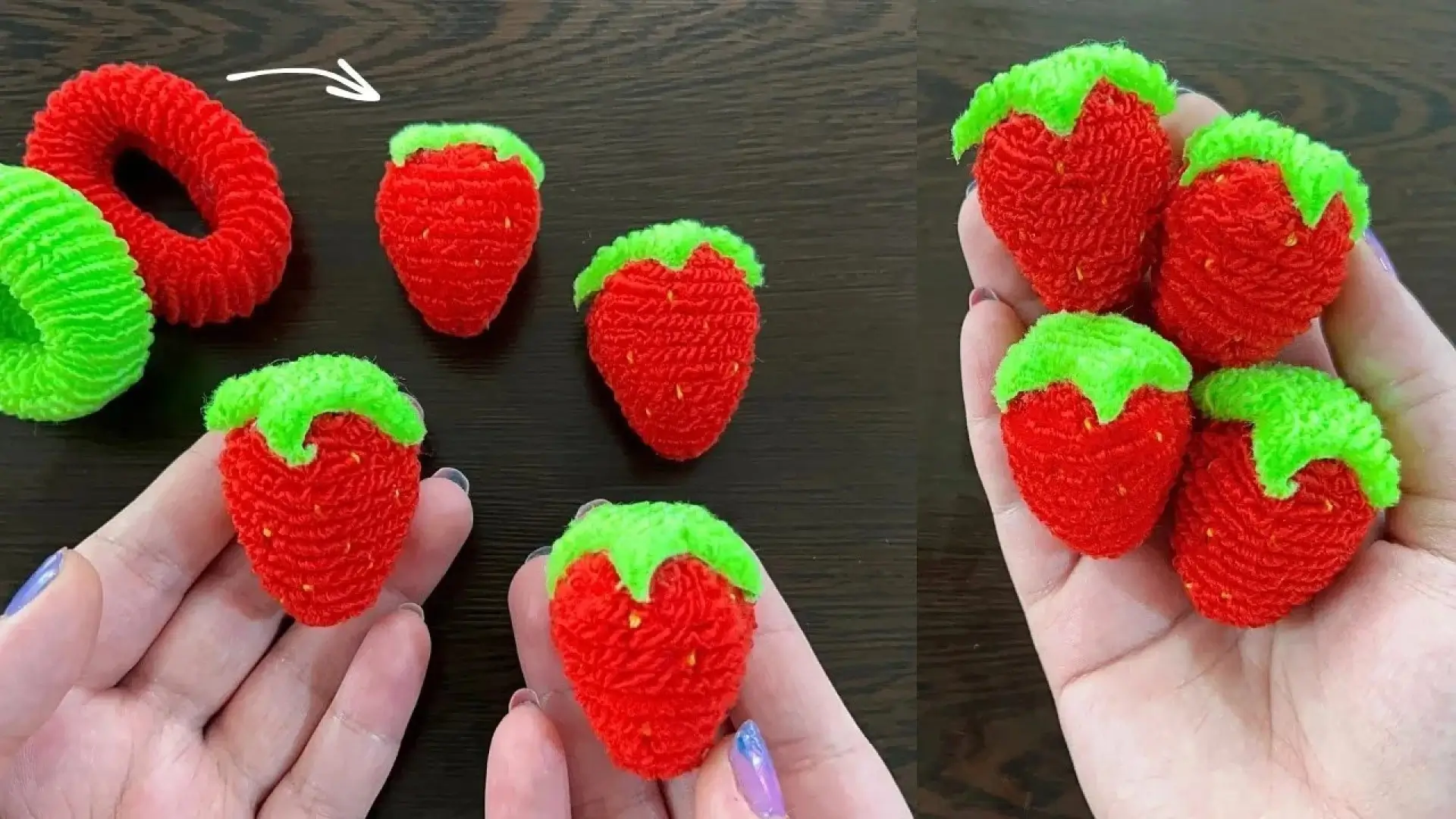 آموزش ویدیویی ساخت آویز عروسکی توتفرنگی با بدنه قرمز و برگ سبز با استفاده از کش مو