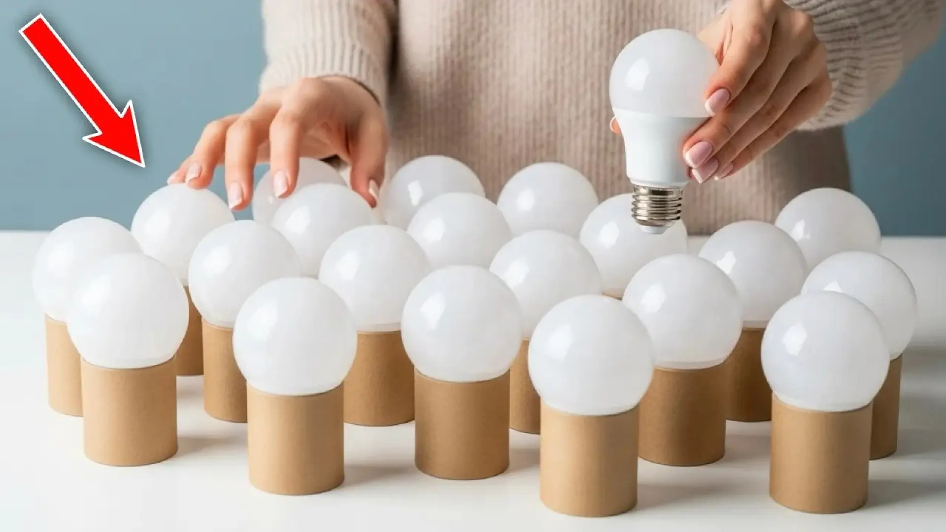 تصویری از یک ایده خلاقانه برای ساخت چراغ خواب با استفاده از رول‌های مقوایی دستمال کاغذی و لامپ‌های LED. دست‌های یک فرد در حال چیدن این چراغ‌های دست‌ساز در کنار هم است و یک فلش قرمز به یکی از آن‌ها اشاره می‌کند.