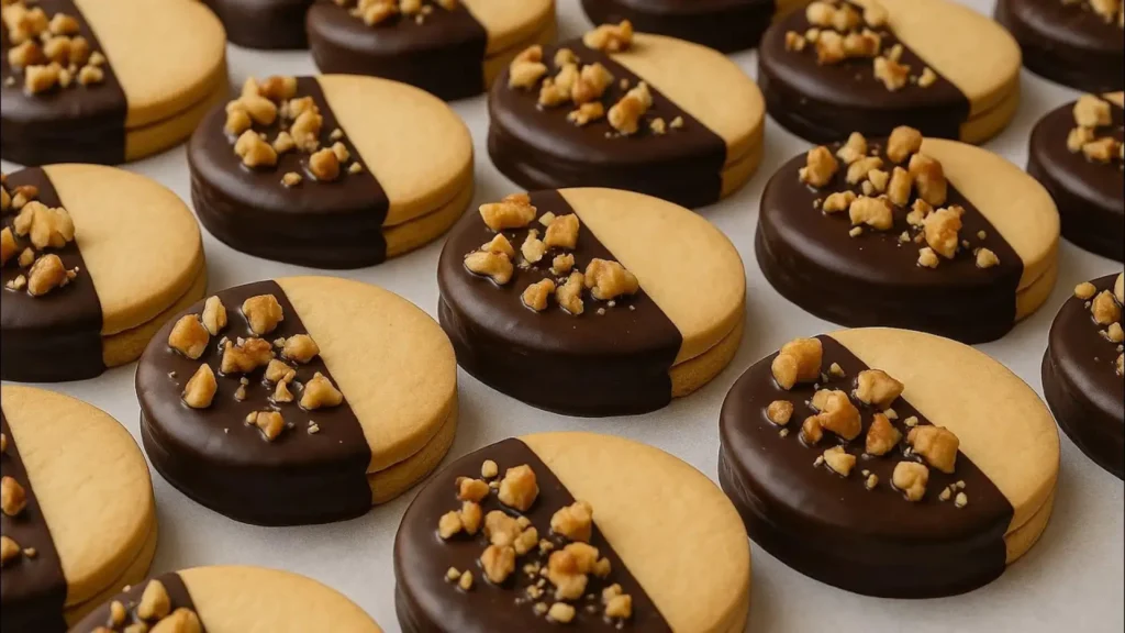 بیسکویت های کره‌ای گردِ دو‌لایه با نیم روکش شکلات تلخ و گردوی خرد شده