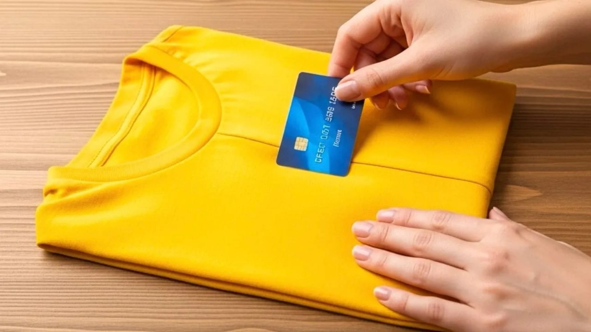 دستان فردی در حال استفاده از یک کارت بانکی به عنوان ابزار برای تا کردن صاف و مرتب یک تیشرت زرد رنگ روی یک سطح چوبی.