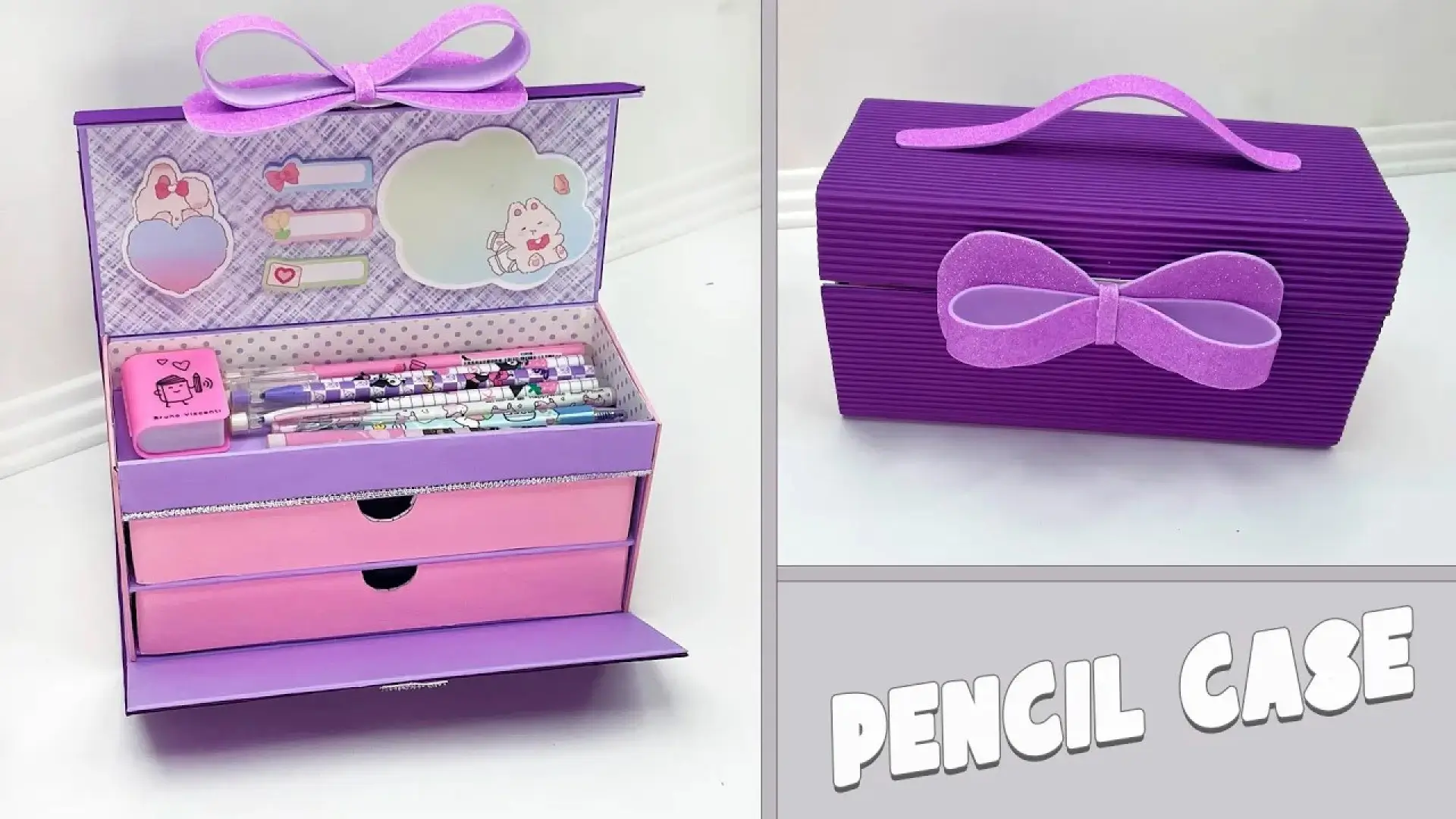 تصویر دو حالته از جامدادی کشودار دست ساز ساخته شده از مقوا. در سمت چپ، جامدادی باز است و لوازم تحریر داخل آن و کشوهای صورتی‌اش مشخص است. در سمت راست، جامدادی به شکل یک کیف بنفش با پاپیون اکلیلی بسته شده است.