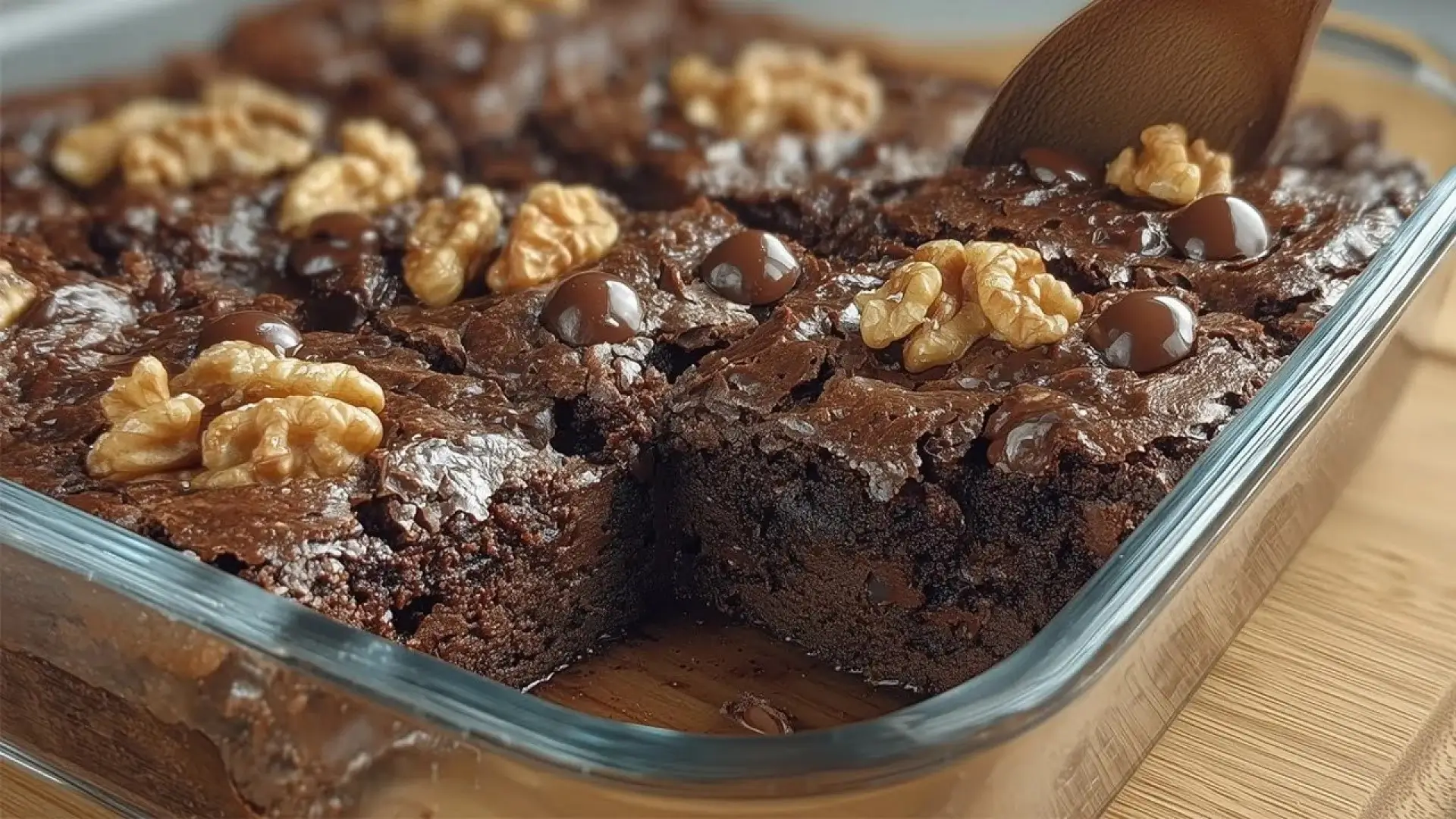 نمای نزدیک از دسر شکلاتی مرطوب با کدو حلوایی که در ظرف شیشه‌ای پخته شده و با گردو و چیپس شکلات تزئین شده است. یک کفگیر چوبی در حال برداشتن یک تکه از دسر است.