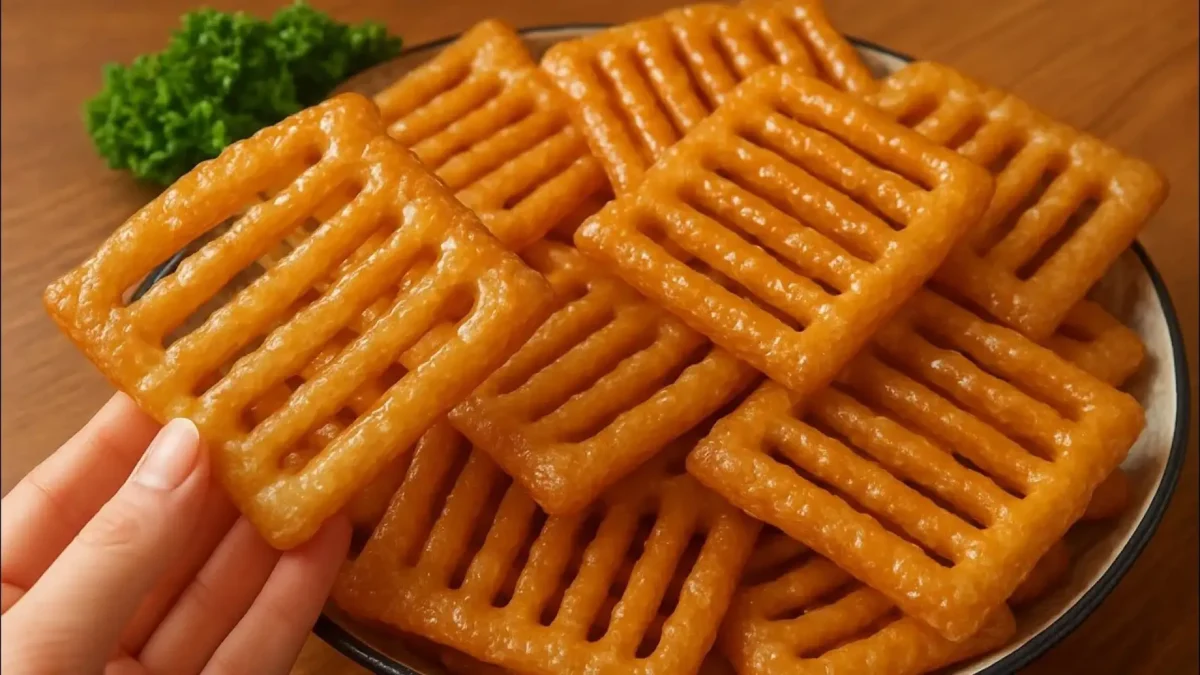 شیرینیهای مربعی ترد و خوشمزه خانگی با شیارهای موازی روی بشقاب و یک دست در حال برداشتن یکی از شیرینیها