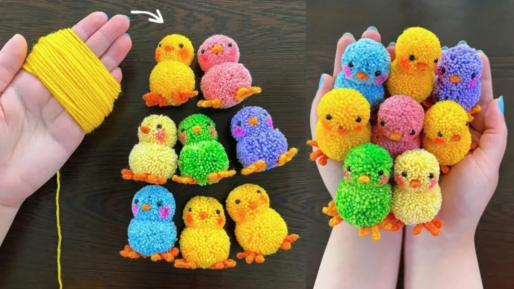 جوجههای کاموایی منگولهای رنگی دستساز کوچک با منقار نارنجی