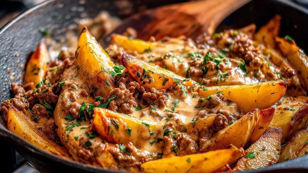 غذای ایتالیایی با سیبزمینی و گوشت چرخ کرده در ماهیتابه با سس خامهای و جعفری تازه