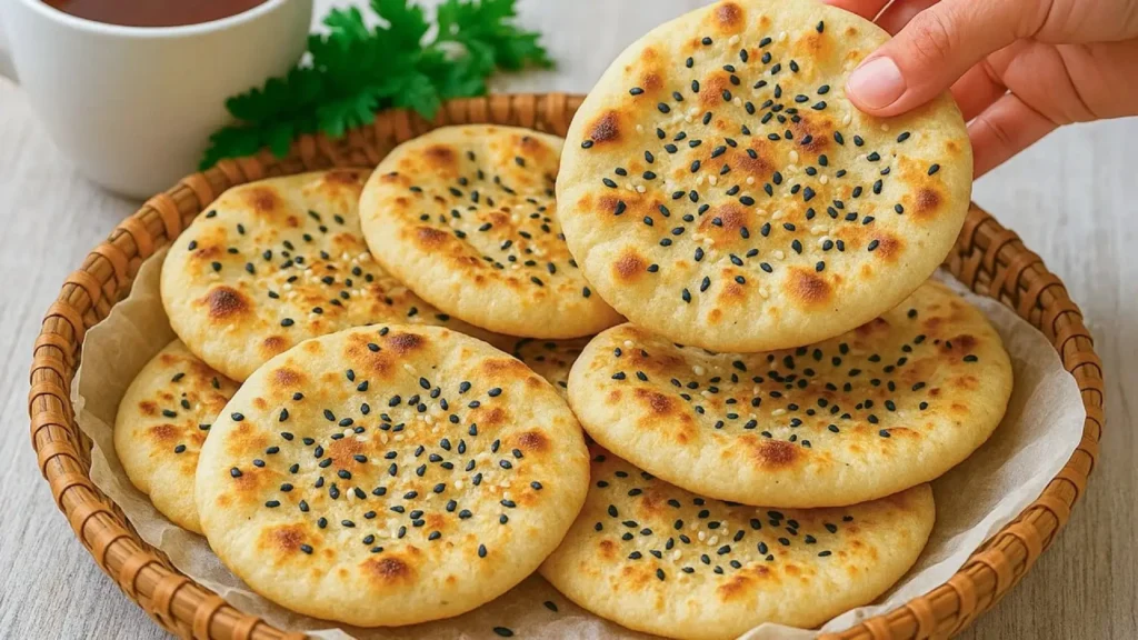 چند نان جو نرم و گرد با دانه‌های سیاه کنجد رویه طلایی درون سبد حصیری.
