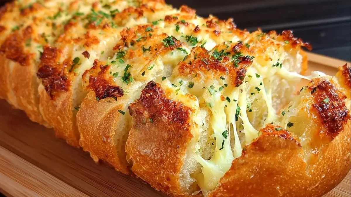 نان سیر پنیری خانگی با باگت طلایی و پنیر کشدار موزارلا