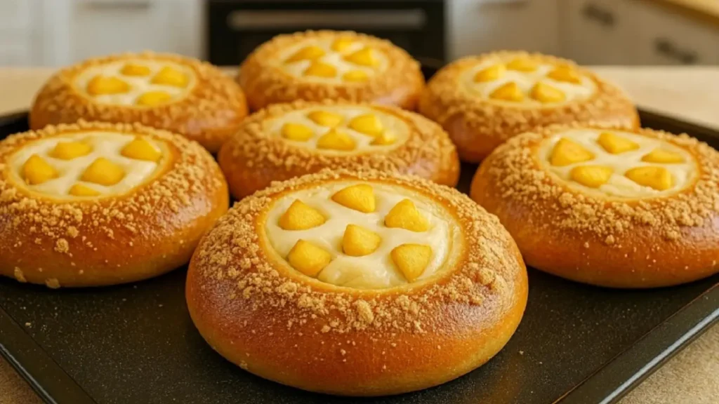 نان‌های پنیری طلایی با مغز پنیر کشدار و خرد کرامبل روی سینی فر