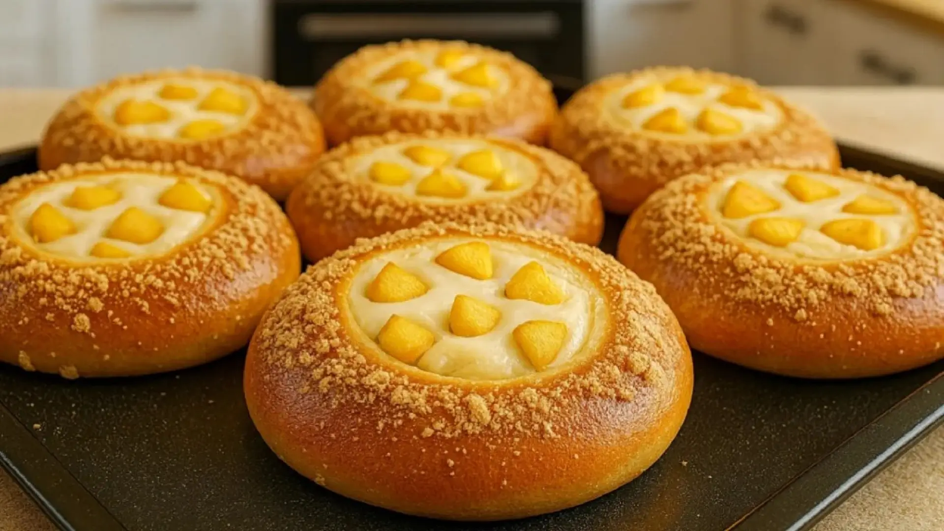 نان‌های پنیری طلایی با مغز پنیر کشدار و خرد کرامبل روی سینی فر