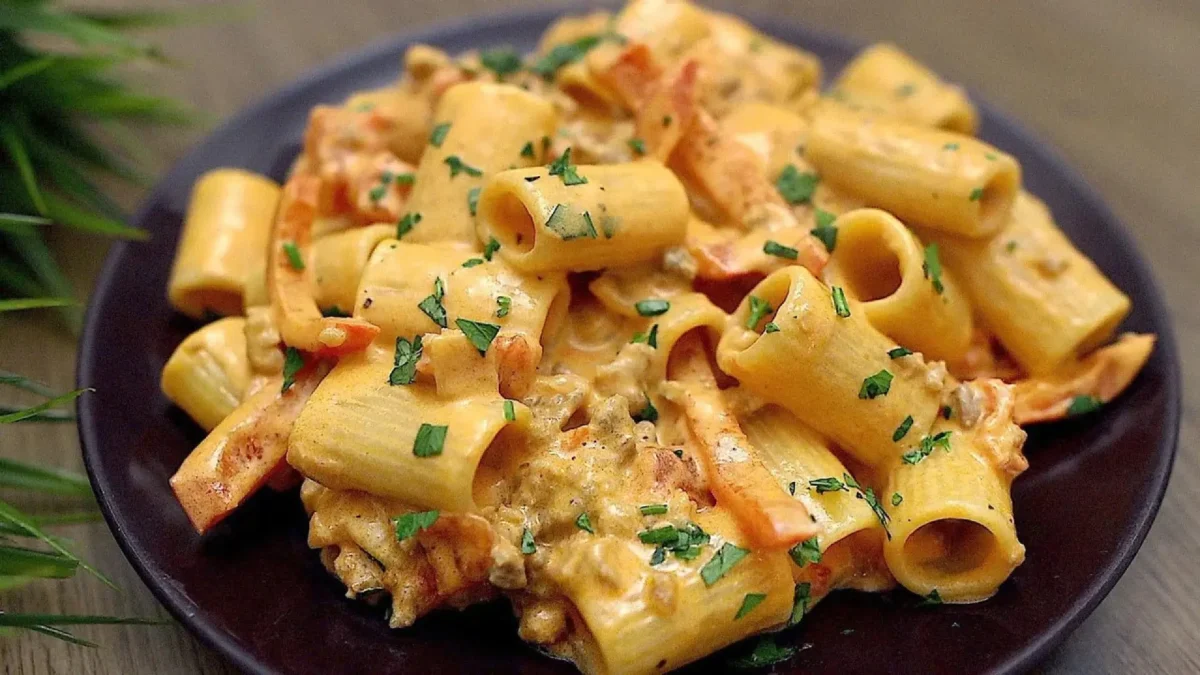 پاستا ایتالیایی خانگی با سس خامهای و گوشت چرخکرده، تزیین شده با جعفری تازه