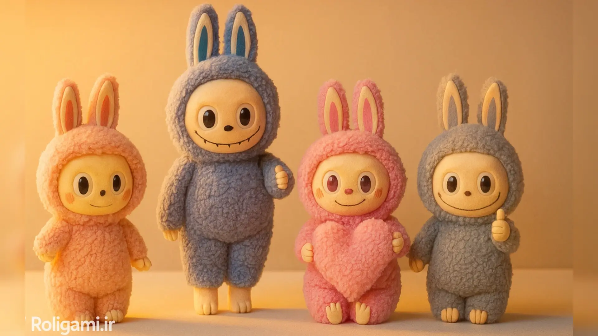 چهار عروسک لبوبو فانتزی در رنگهای صورتی، آبی و هلویی با طراحی خرگوشی و چشمان بزرگ براق روی میز روشن