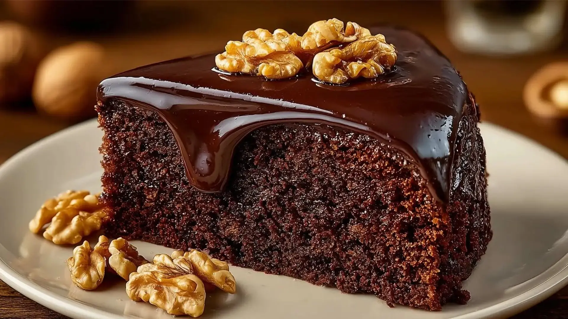 برش مثلثی از کیک شکلاتی سالم خانگی با بافتی مرطوب و اسفنجی که روی آن با گاناش شکلاتی براق و مغز گردو تزیین شده و در یک بشقاب سفید قرار دارد.
