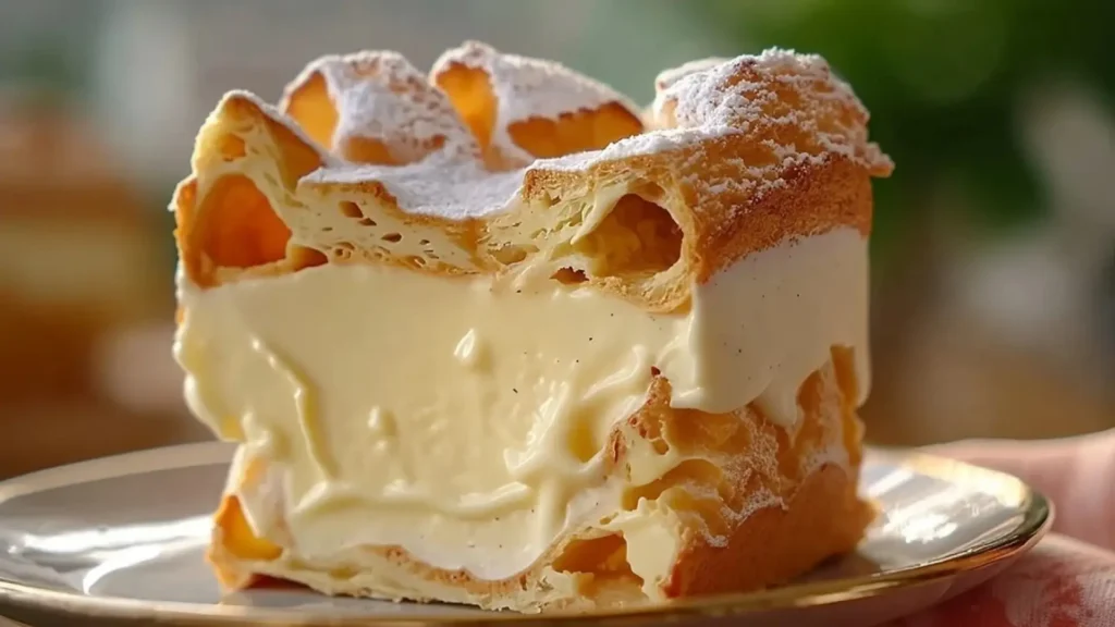 یک برش از کیک کارپاتکا با پوسته پفکی و طلایی رنگ که با پودر قند تزئین شده و حجم زیادی از کرم وانیلی غلیظ و خانگی بین دو لایه آن قرار گرفته است.