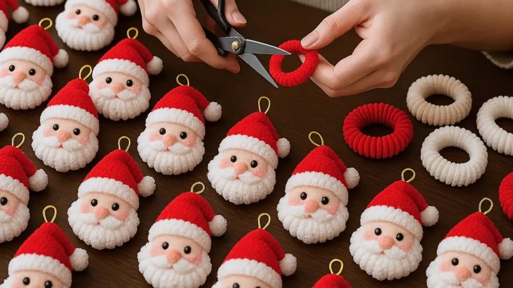 آموزش ساخت عروسک بابانوئل کوچک با استفاده از کش موی قرمز و کاموای سفید برای آویز درخت کریسمس