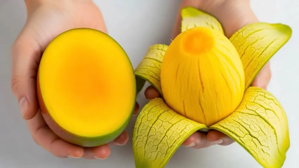 تصویری از دو دست که یک انبه پوست کنده به شکل گل و نصفی از یک انبه را نگه داشتهاند و روشی خلاقانه برای پوست کندن را نمایش میدهند.