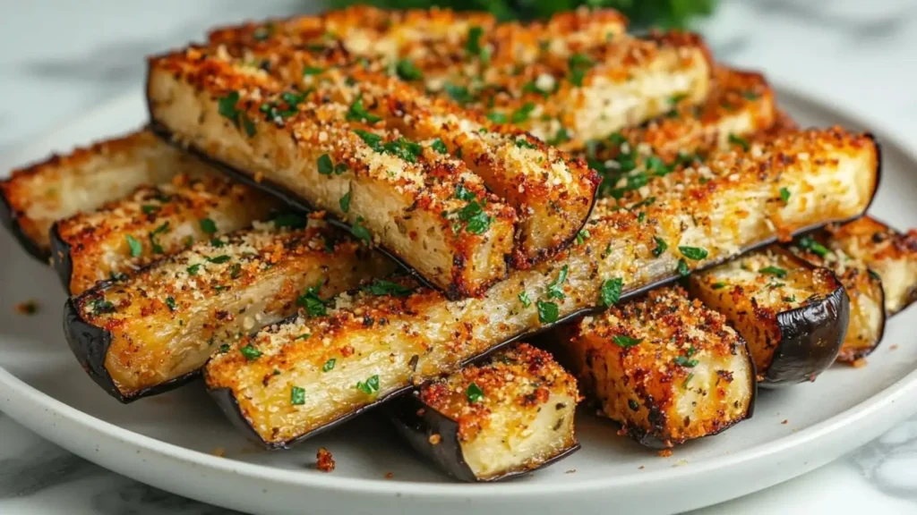 برش‌های بادمجان سوخاری شده در فر با روکش پنیر پارمزان و سبزیجات معطر در بشقاب